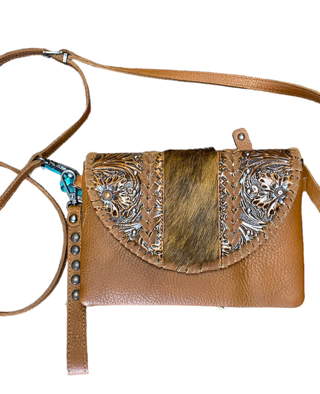 Tassel WESTERN LEATHER PURSE Stone, Boho Fringe Bag, Tooled Flower Saddle  Bag