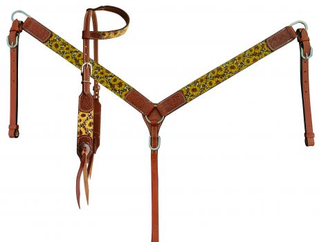 14524 - Sunflower and Cheetah Print One Ear Headstall and Breastcollar Set