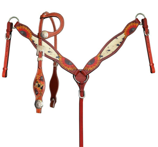 14595 -  Medium Oil Painted Sunflower One Ear Headstall & Breast Collar Set with Hair on Cowhide