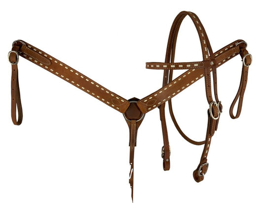 5001 - Cob to Full Argentina Cow Leather buck stitched headstall and breast collar set with reins