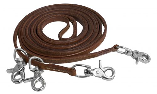 5631X - Harness leather draw reins with 4 scissor snaps. 3/8" x 11ft