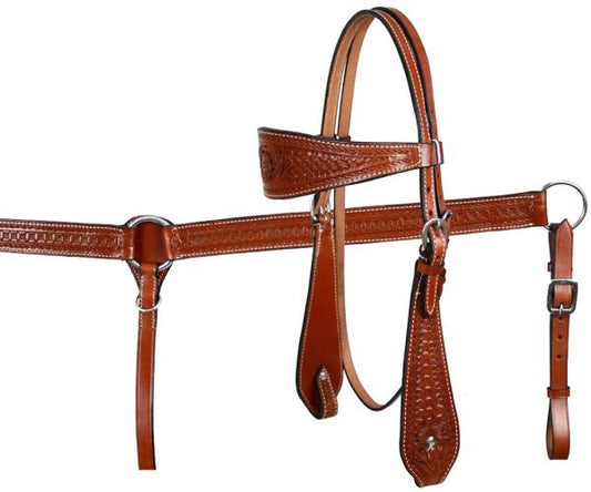 608 - double stitched leather wide browband headstall and breast collar set with floral and basketweave tooling