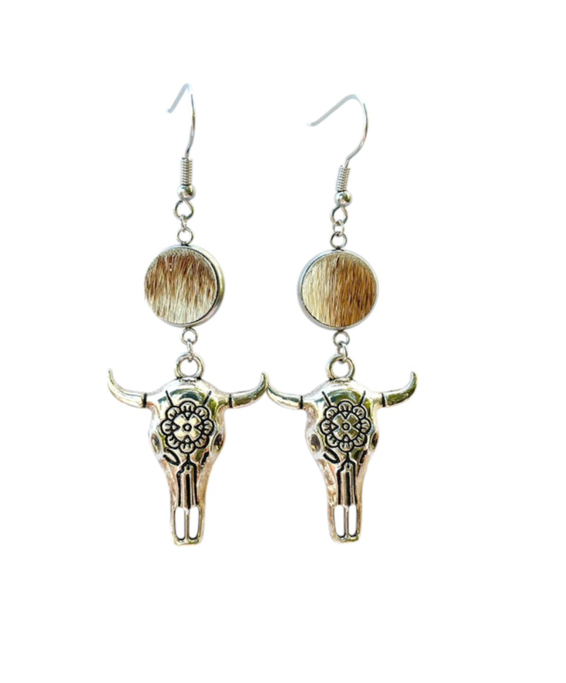 J6682S - 100% Hair on Hide Earrings with Steer Head