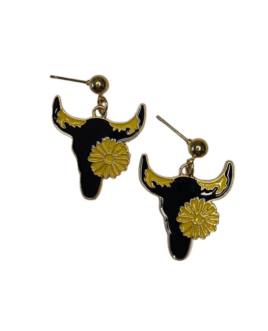 J6683 - Steer Head Sunflower Dangle Earrings