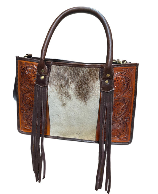 78100 - Klassy Cowgirl Hair on Cowhide leather Tote Bag with Fringe