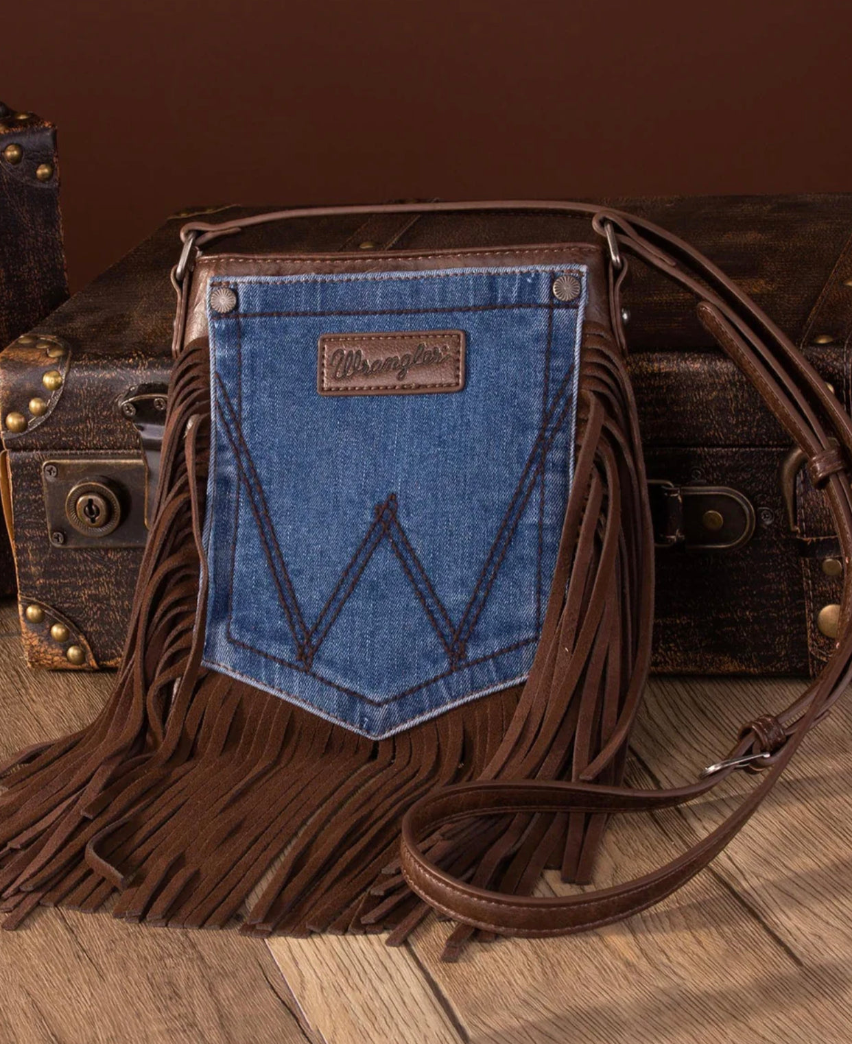 WG448360CF - Wrangler Leather Fringe Jean Denim Pocket Crossbody