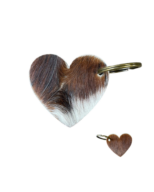 A8753 - Double Sided 100% Hair On Hide Leather Heart Tag Keychain