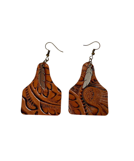 J6566 - Brown Leather Leaf Earrings with Metal Tassel