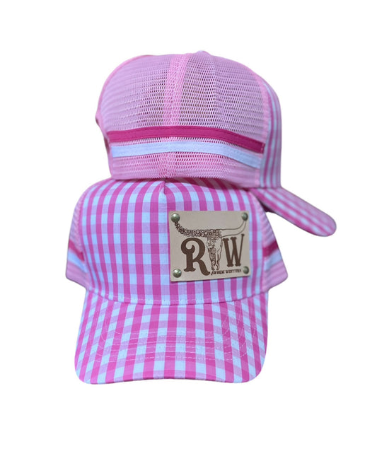 P4120 - Rawhide Pink Gingham Leather Patch P/Tail Country Trucker Cap