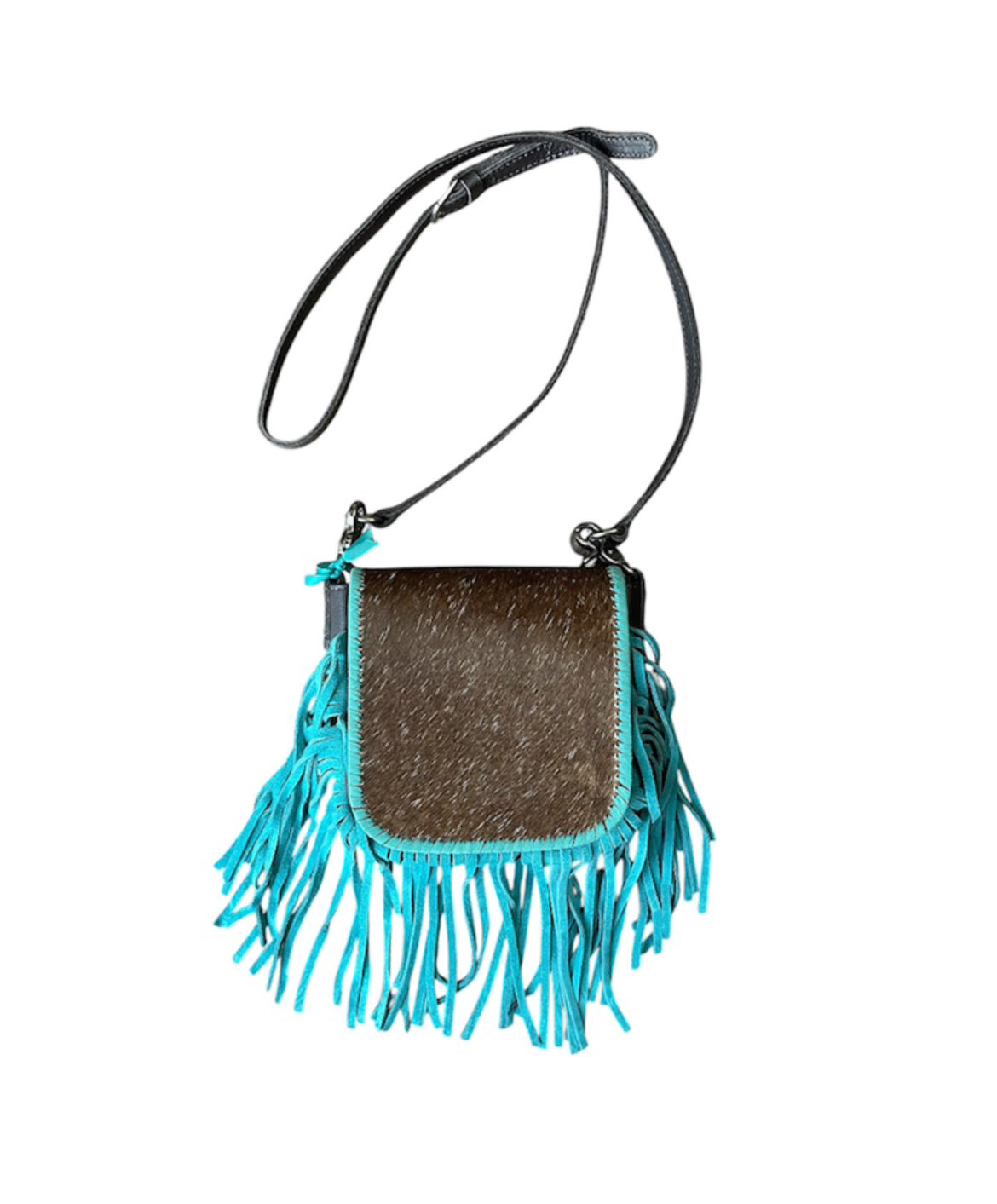 RLCL161TQ -  Montana West Genuine Leather Hair-On Collection Fringe Crossbody Black-Turquoise