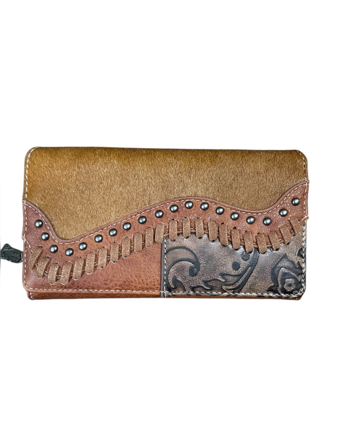 TR149W010BR - Trinity Ranch Hair-On Cowhide Saddle Shape Collection Wallet Brown