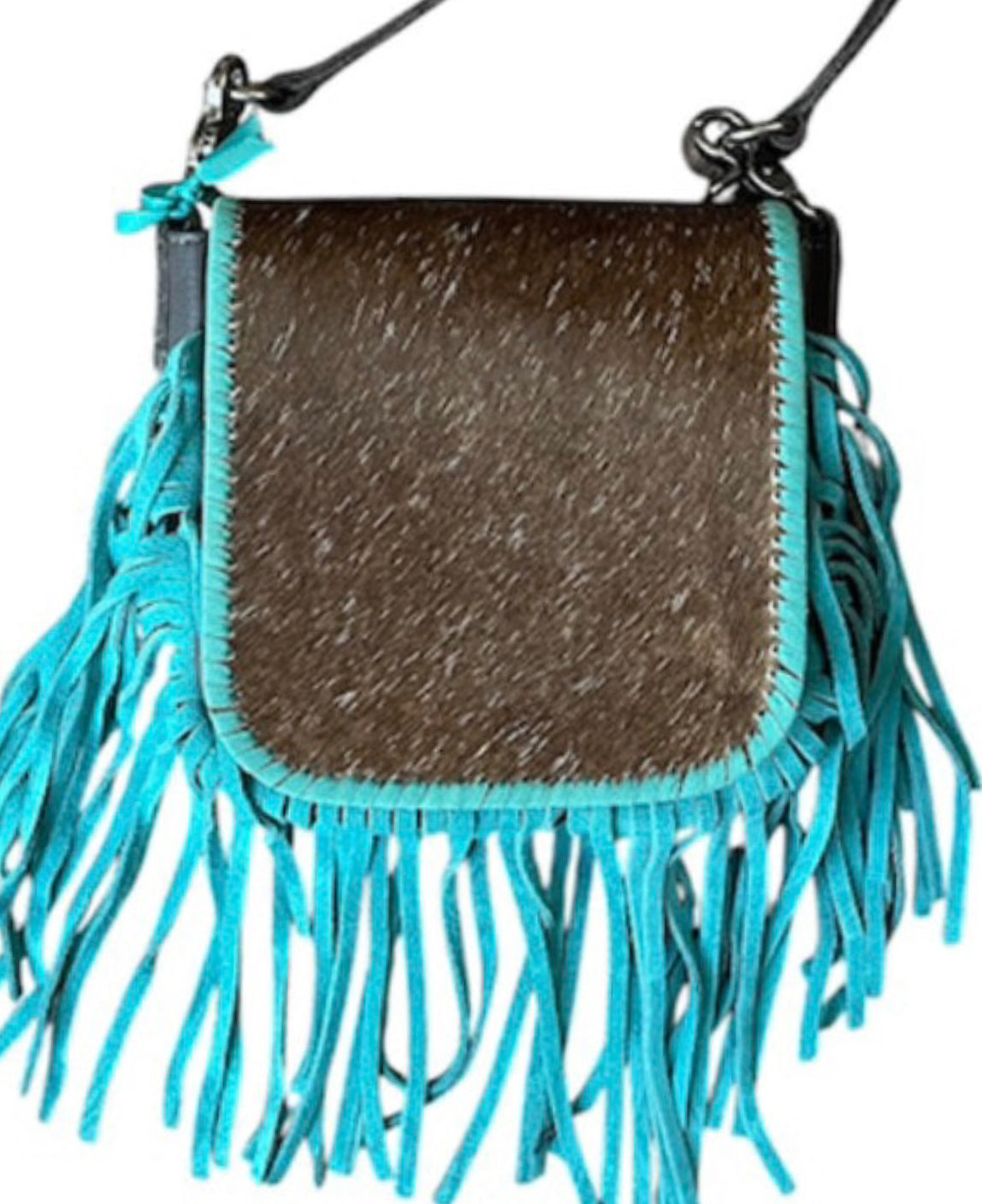 RLCL161TQ -  Montana West Genuine Leather Hair-On Collection Fringe Crossbody Black-Turquoise