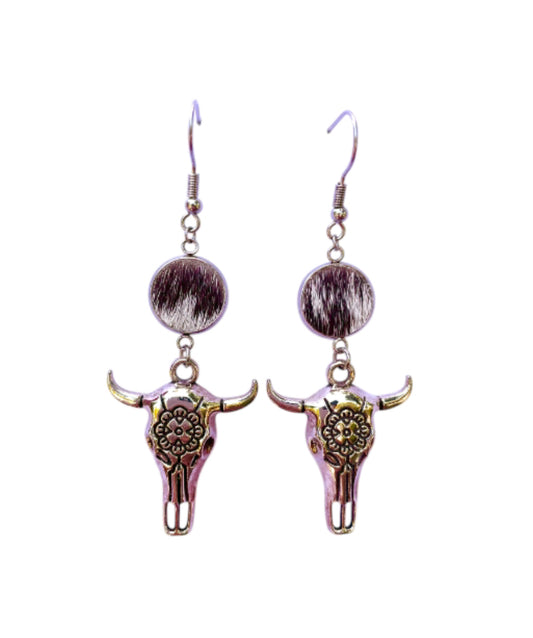 J6682A - 100% Hair on Hide Earrings with Steer Head