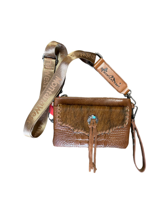 MW1268181BR - Montana West Hair-On Cowhide Croc Embossed Clutch/Crossbody