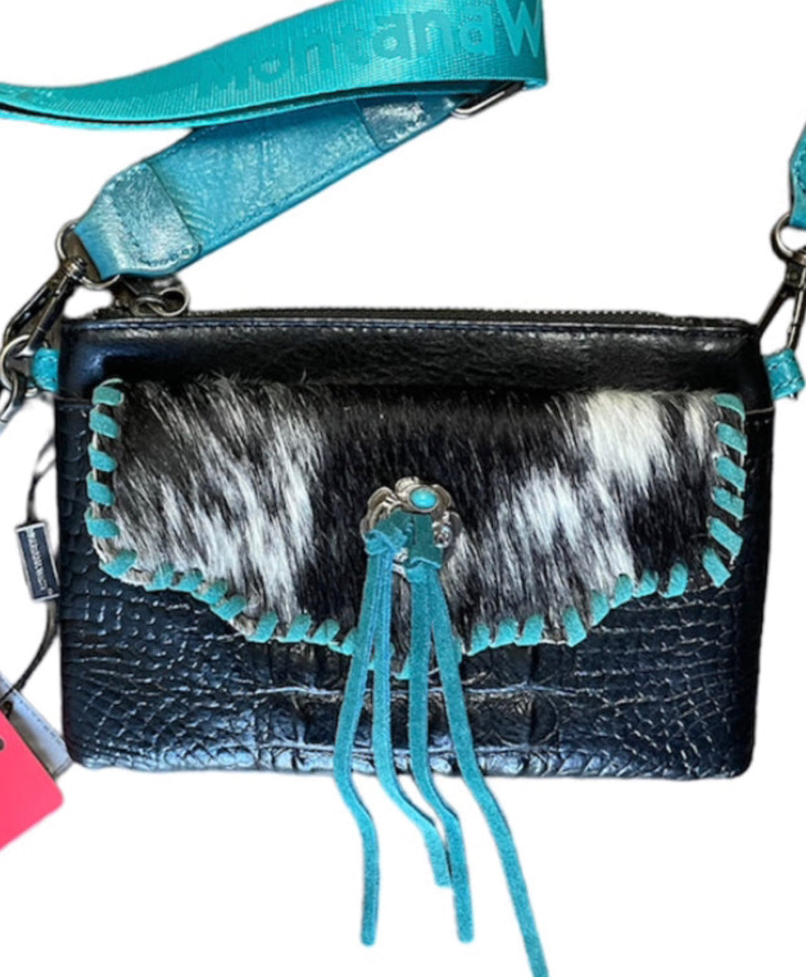 MW1268181TUR - Montana West Hair-On Cowhide Croc Embossed Clutch/Crossbody