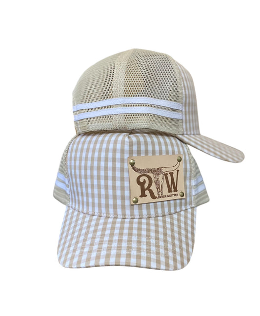 P4156 - Rawhide Stone Gingham Leather Patch Country Trucker Cap