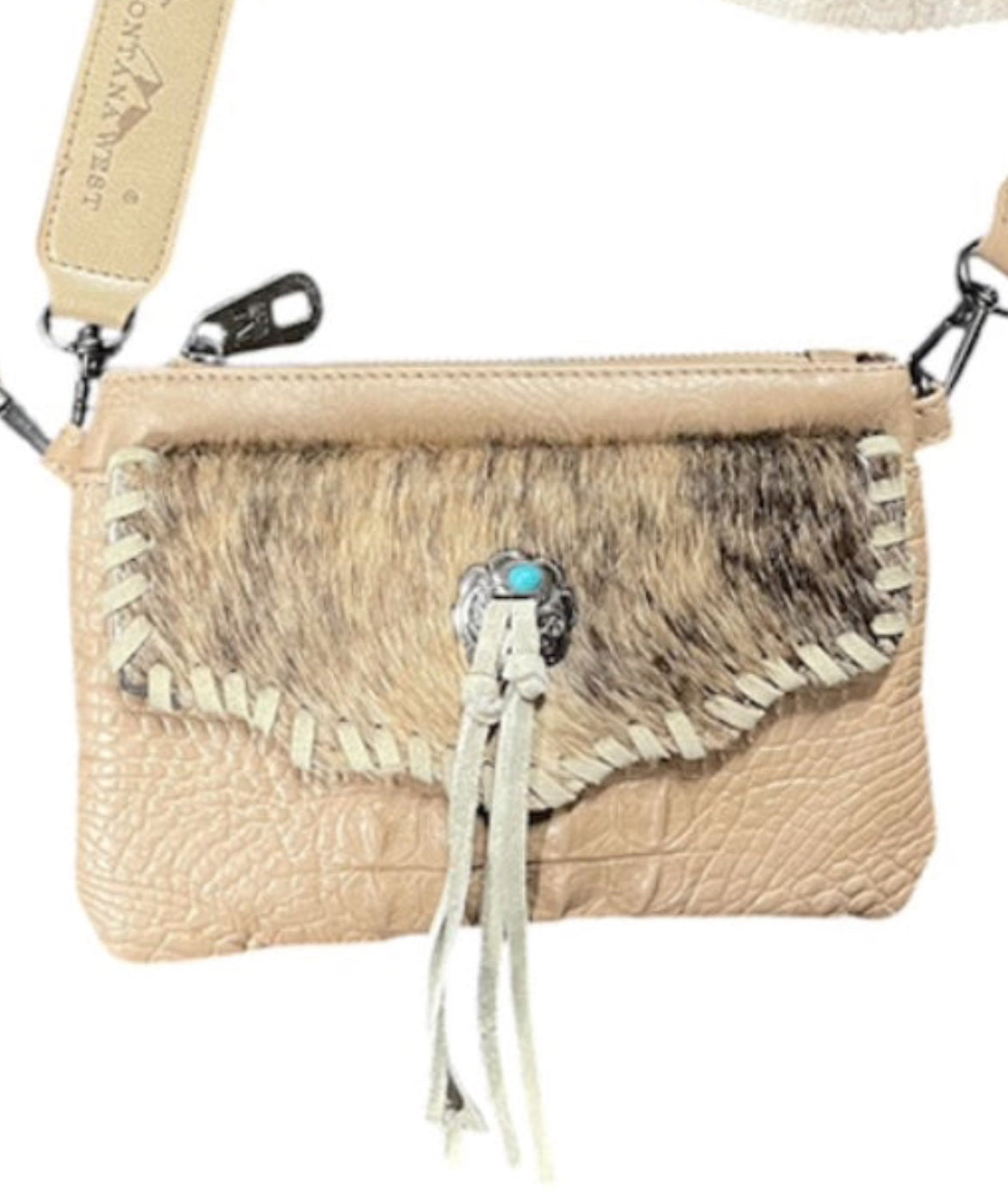 MW1268181TN - Montana West Hair-On Cowhide Croc Embossed Clutch/Crossbody