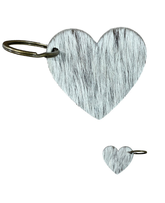 A8757 - Double Sided 100% Hair On Hide Leather Heart Tag Keychain