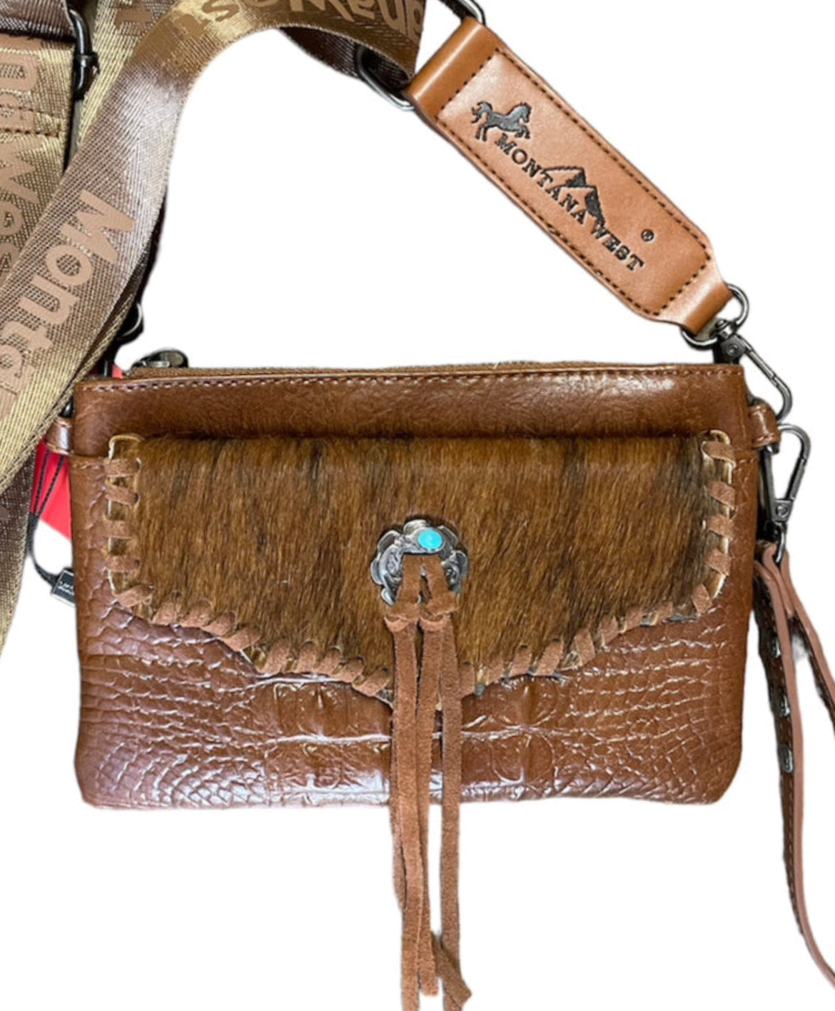 MW1268181BR - Montana West Hair-On Cowhide Croc Embossed Clutch/Crossbody