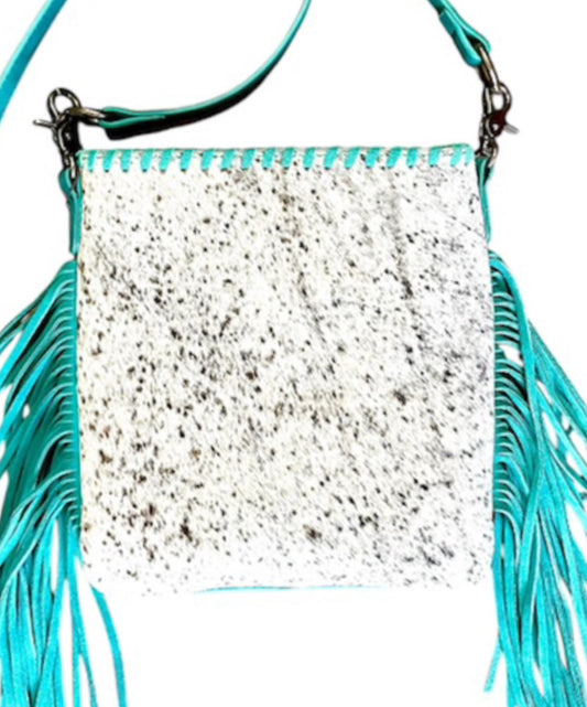 TR162G2001TQ - Trinity Ranch Hair-On Cowhide Fringe Concealed Carry Crossbody Bag -Turquoise