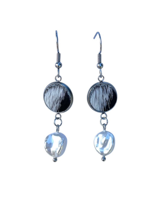 J6672BR - 100% Hair on Hide Earrings with Pearl Drop