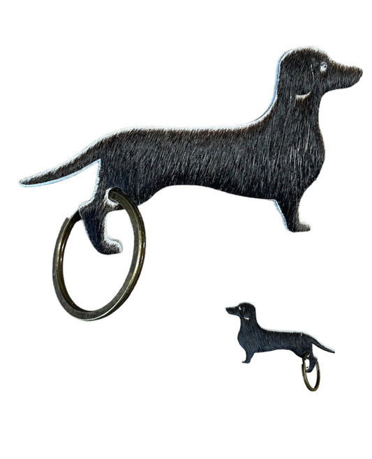 A8744 - Double Sided 100% Hair On Hide Leather Dashshund Tag Keychain