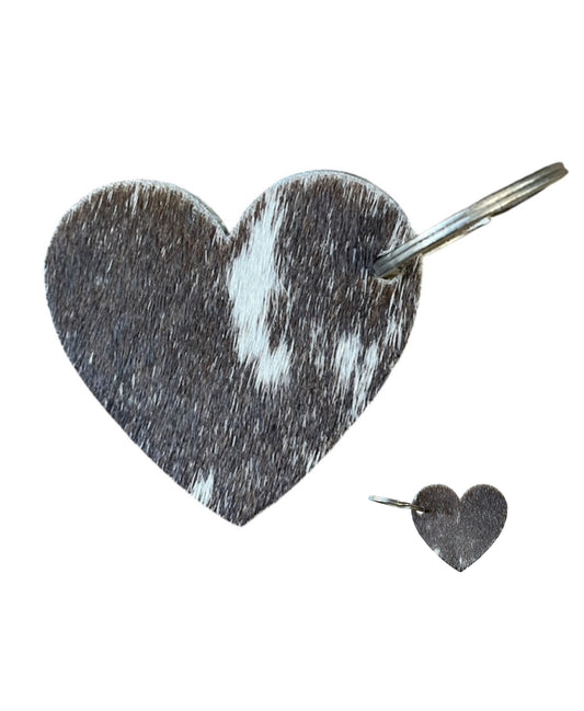 A8755 - Double Sided 100% Hair On Hide Leather Heart Tag Keychain