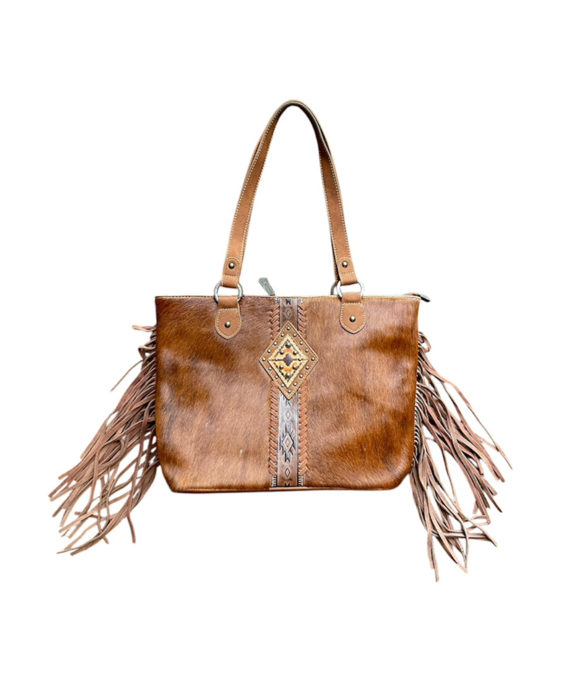 TR146G8317BR - Trinity Ranch Hair On Cowhide Concealed Carry Tote Brown