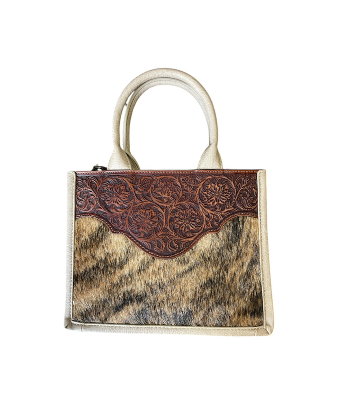 TR178G8899TN - Trinity Ranch Hair On Cowhide Floral Tooled Concealed Carry Tote/Crossbody -Tan