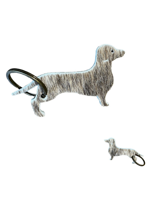 A8743 - Double Sided 100% Hair On Hide Leather Dashshund Tag Keychain