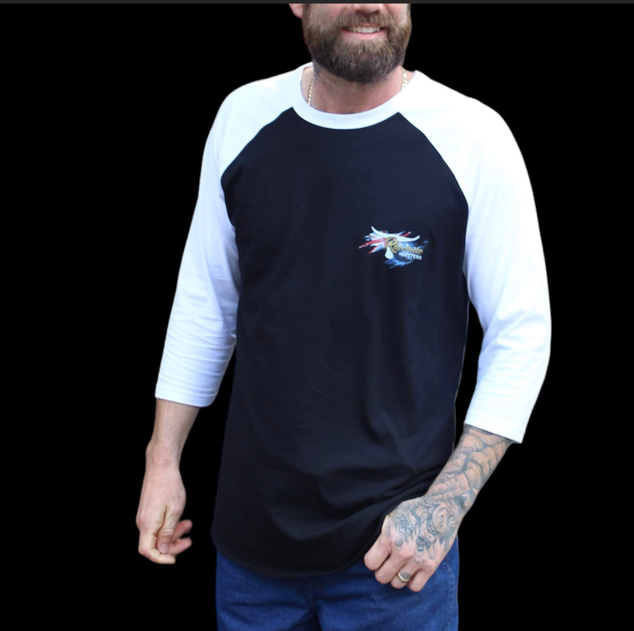 P4121 - Rawhide Black & White Raglan Tee - Unisex