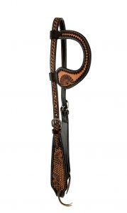 WX8040 - Two Tone one ear headstall with half floral tooled design, Argentina Cow leather. REINS NOT INCLUDED