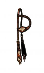 WX8043 - One ear headstall with painted feather design, Argentina Cow leather. REINS NOT INCLUDED