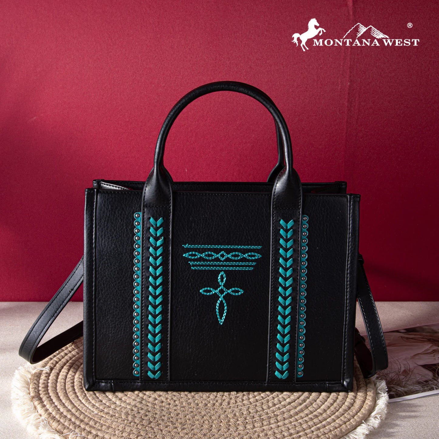 MW1124H8120SW - Montana West Whipstitch Concealed Carry Tote Black-Turquoise