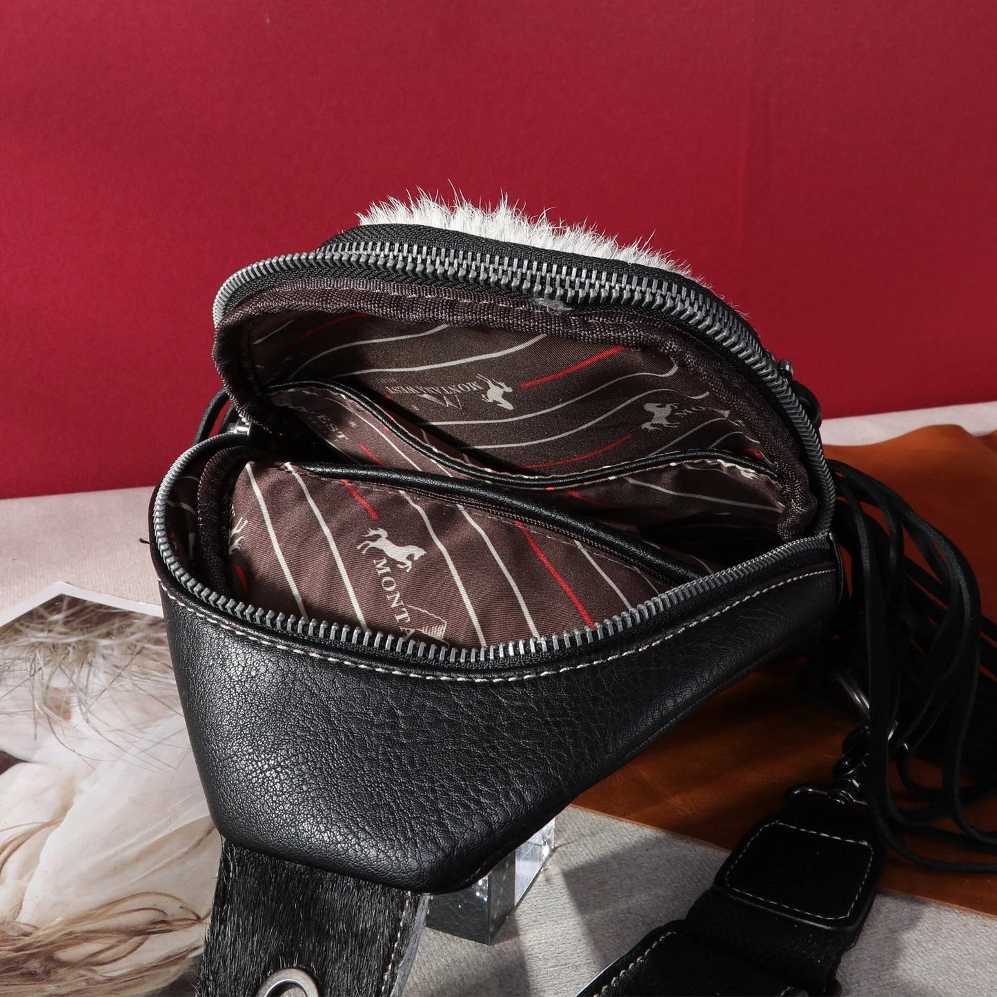 MW1239S9110BR - Montana West Genuine Hair-On Cowhide Fringe Sling Bag