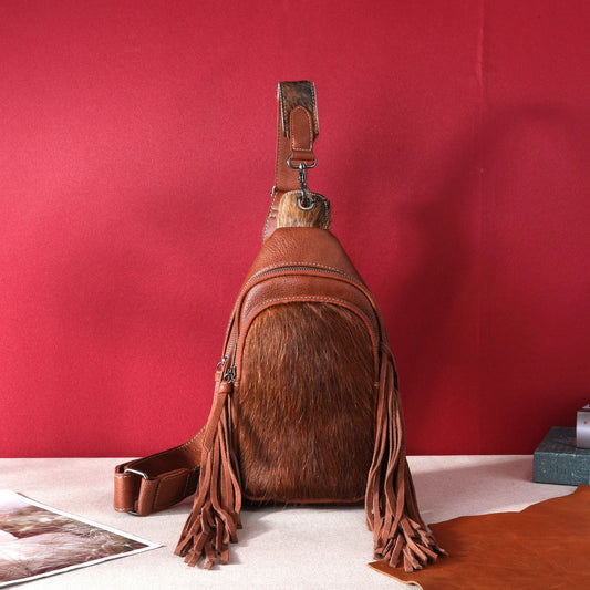 MW1239S9110BR - Montana West Genuine Hair-On Cowhide Fringe Sling Bag