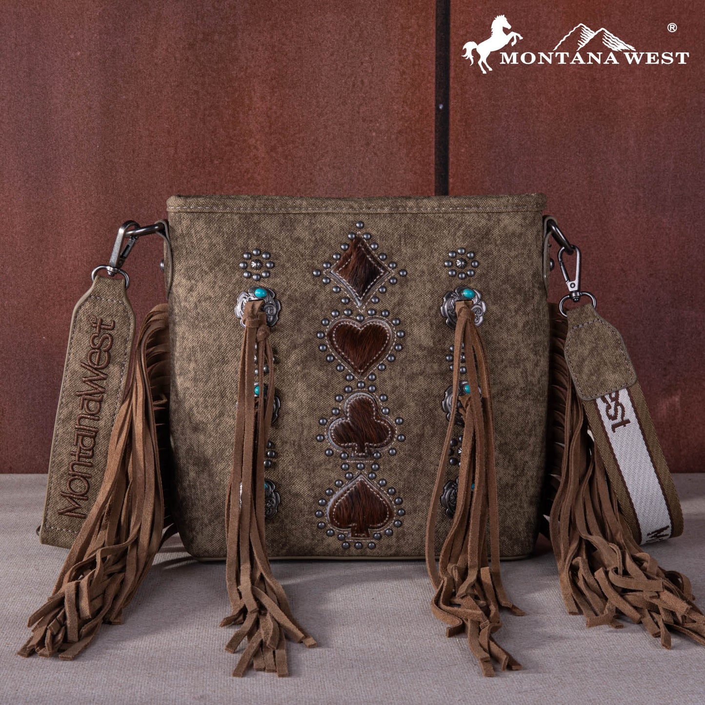 MW1255G9360KH - Montana West Concho Tassel Concealed Carry Crossbody - Khaki