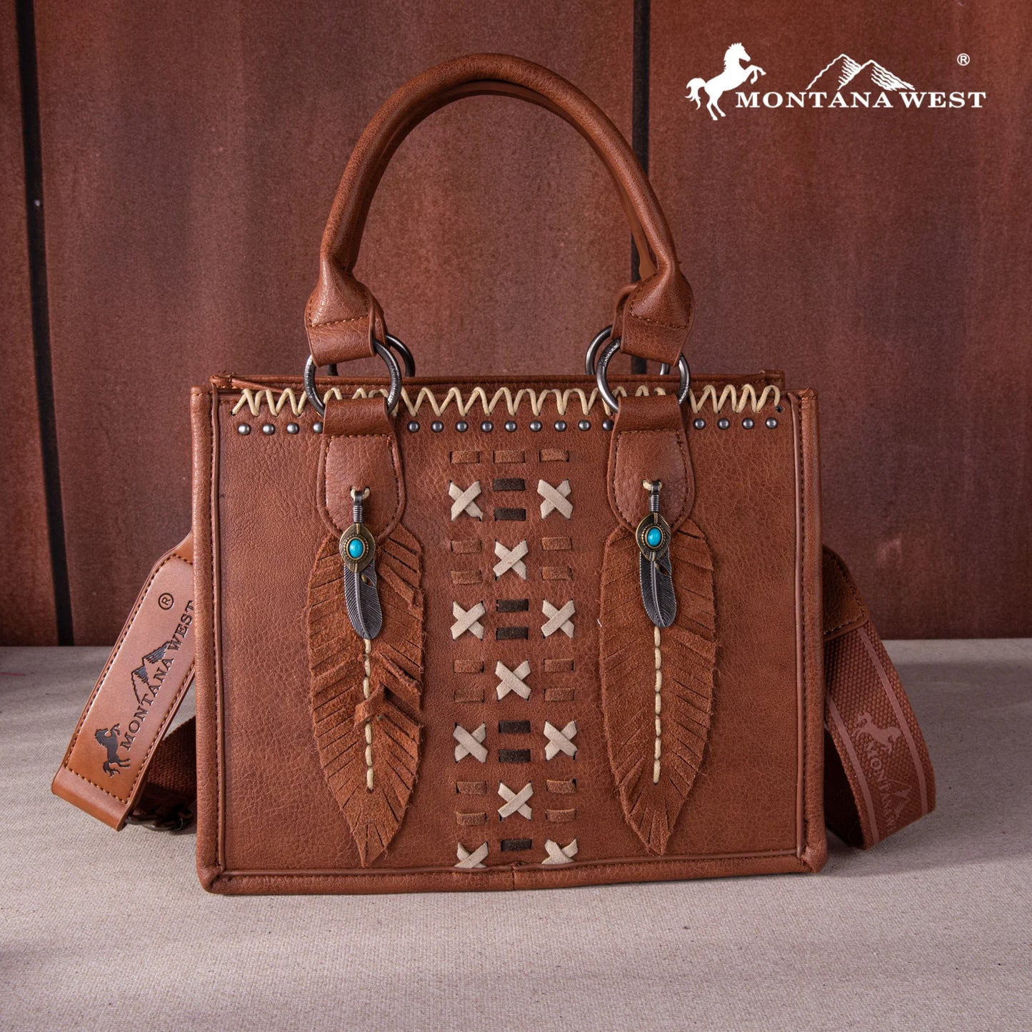 MW12598120BR - Montana West Feather Collection Tote/Crossbody Brown