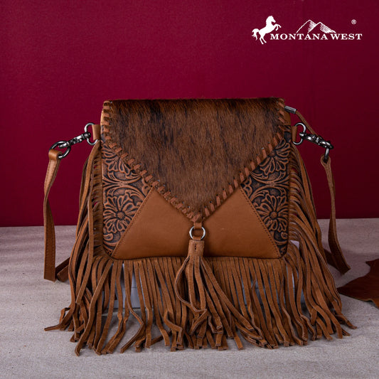 MWR064BR - Montana West Genuine Leather Hair-On Cowhide Fringe Bohemian Crossbody - Brown