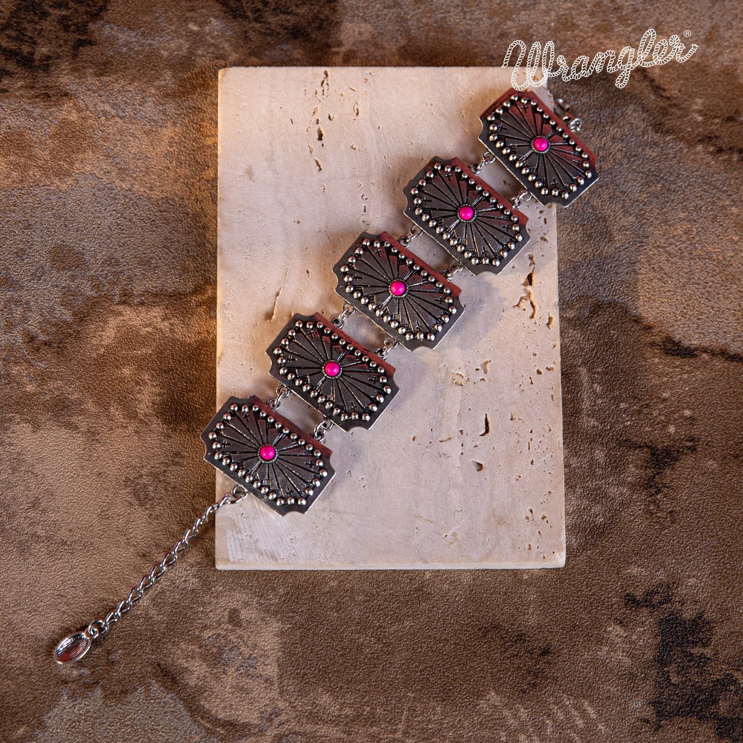 WGW1003HP - Wrangler Silver Chain Concho Cuff Bracelet Hot Pink Stone