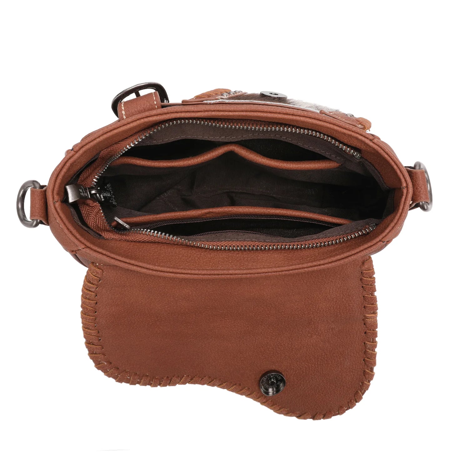 TR1498360BR - Trinity Ranch Hair-On Cowhide Saddle Shape Collection Crossbody/Satchel Brown