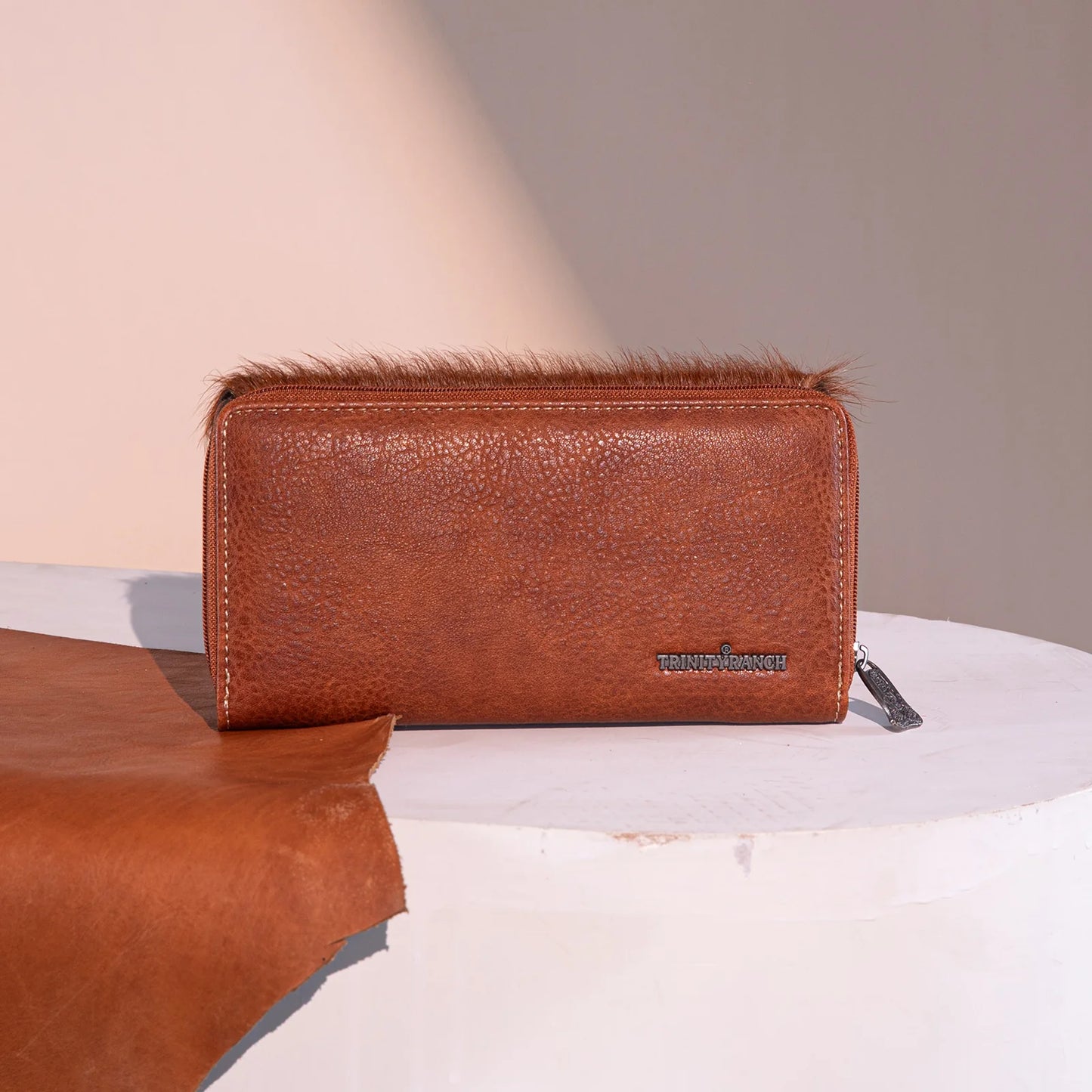 TR149W010BR - Trinity Ranch Hair-On Cowhide Saddle Shape Collection Wallet Brown