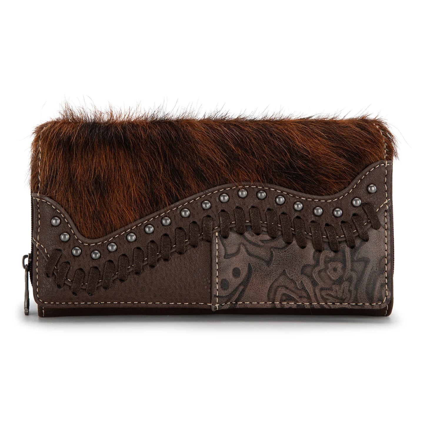 TR149W010CF - Trinity Ranch Hair-On Cowhide Saddle Shape Collection Wallet -Coffee