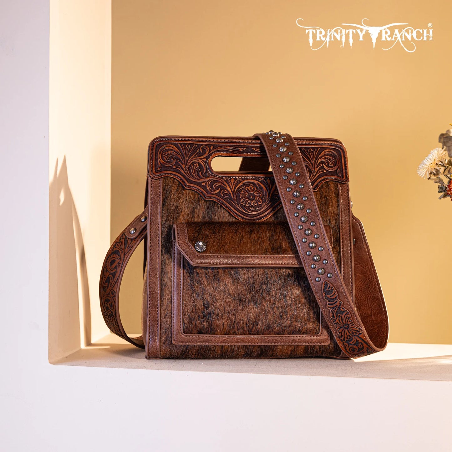 TR173GA9360BR - Trinity Ranch Hair-On Cowhide Floral Tooled Concealed Carry Crossbody Bag