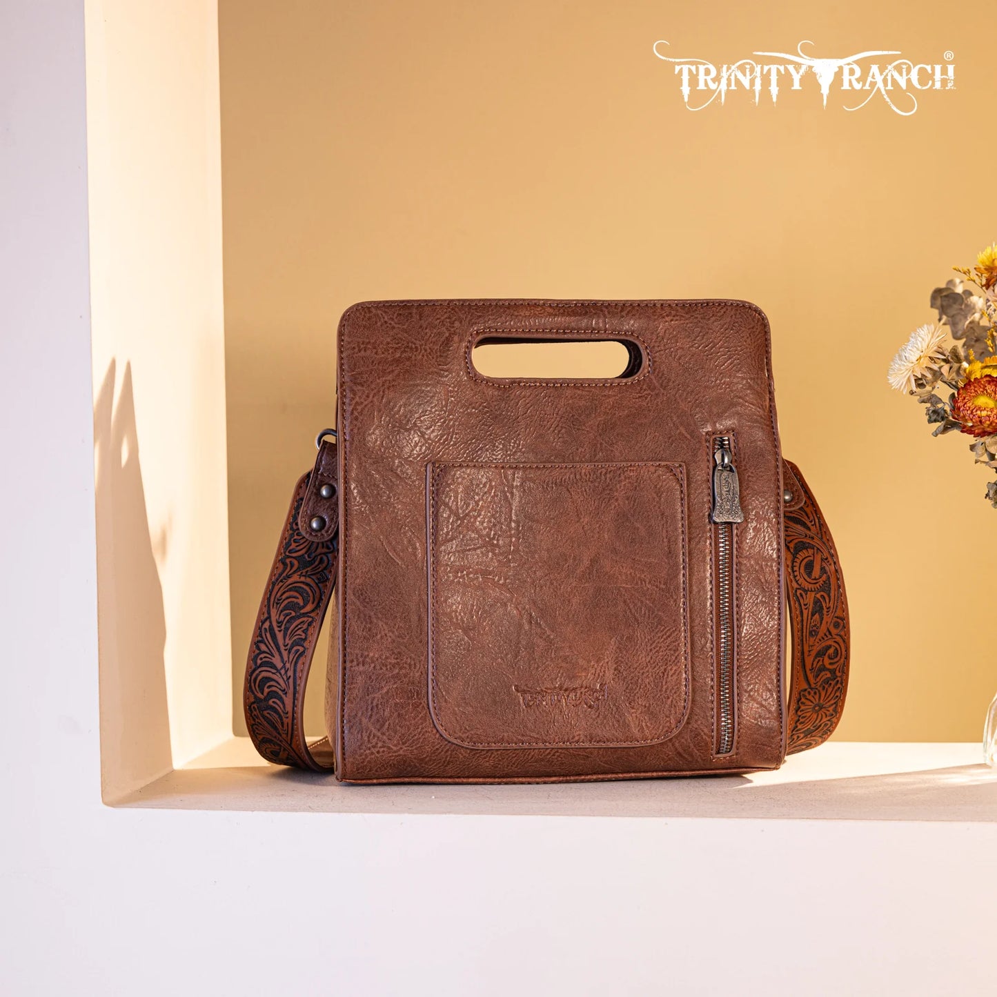 TR173GA9360BR - Trinity Ranch Hair-On Cowhide Floral Tooled Concealed Carry Crossbody Bag