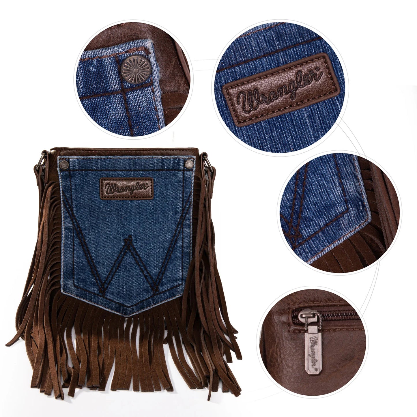 WG448360CF - Wrangler Leather Fringe Jean Denim Pocket Crossbody