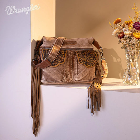 WG1032009BR - Wrangler Floral Tooled Denim Crossbody Brown