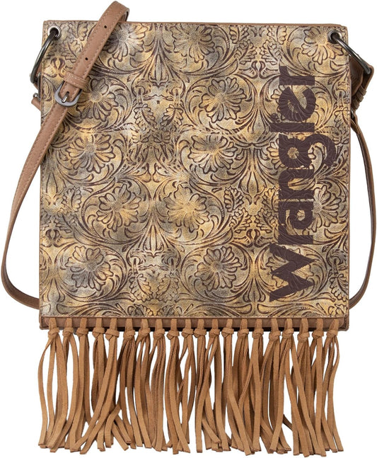 WG45G918KH - Wrangler Floral Embossed Fringe Concealed Carry Hobo/Crossbody - Khaki