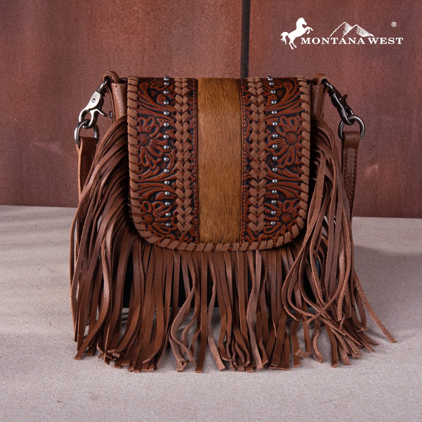 RLCL168BR - Montana West Genuine Leather Tooled Collection Fringe Crossbody Brown