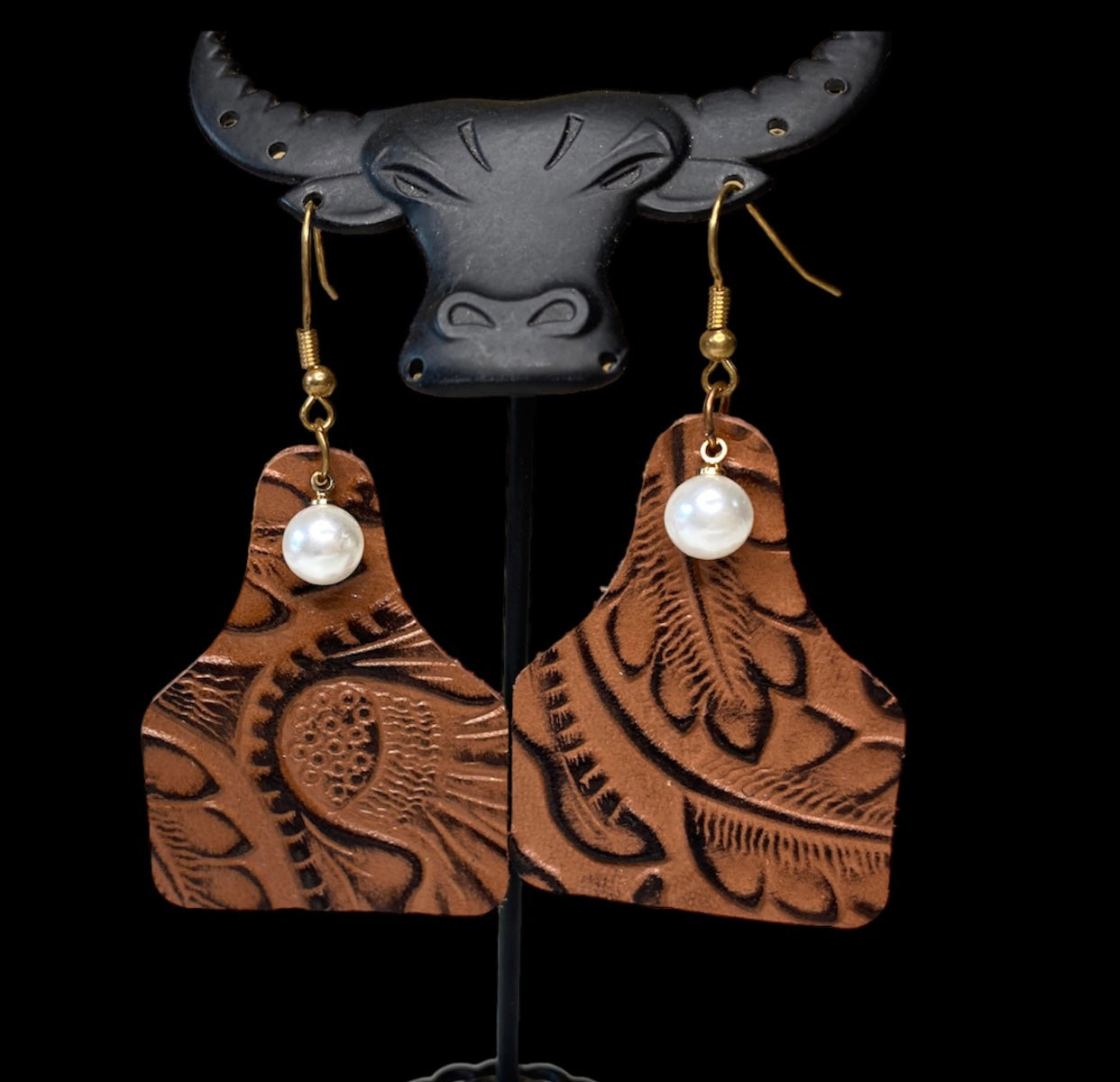 J6566 - Brown Leather Leaf Earrings with Metal Tassel